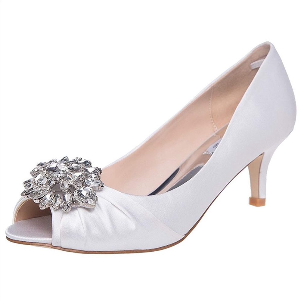 White peep toe kitten heel shoe with rhinestone